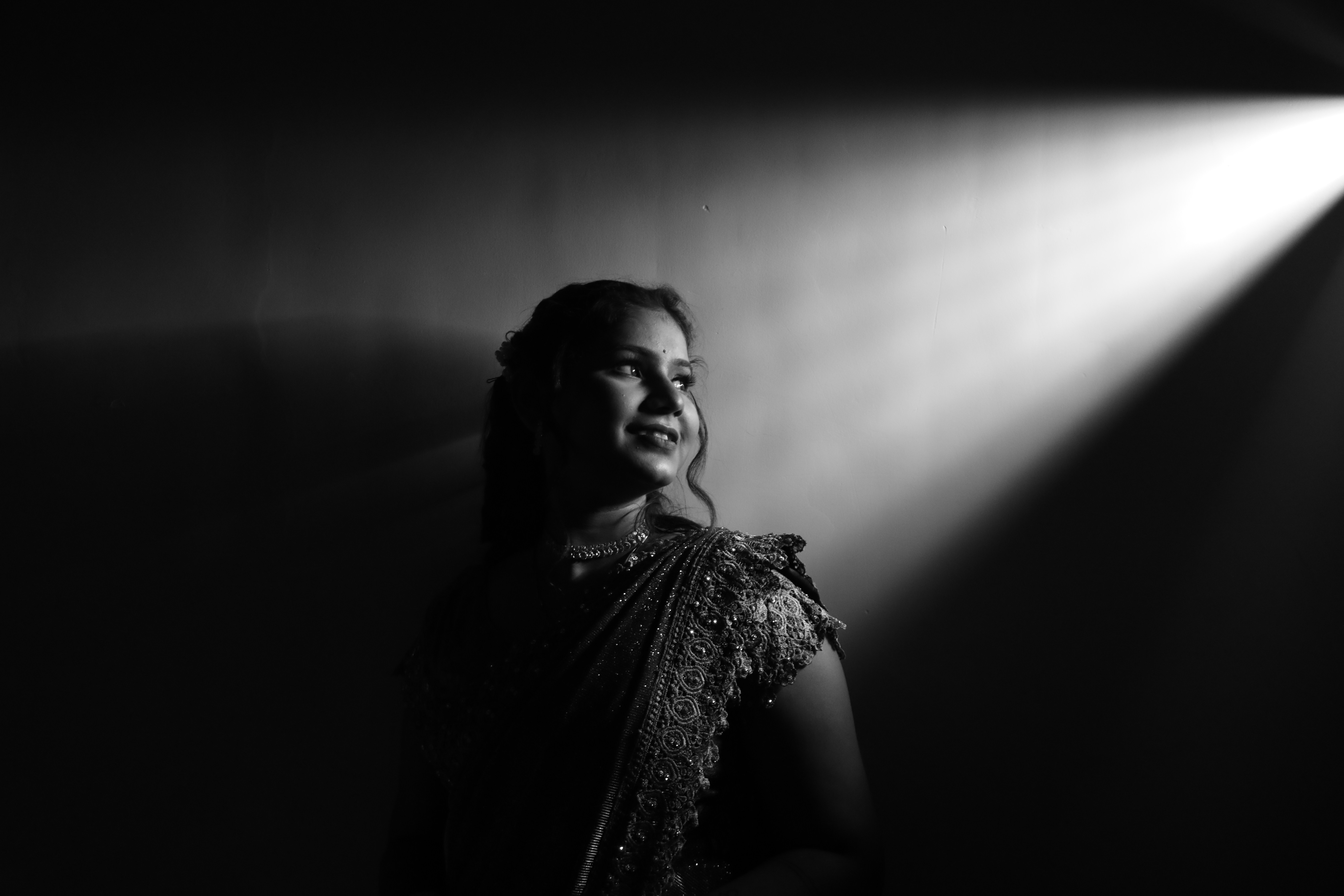 Candid black and white bridal portrait