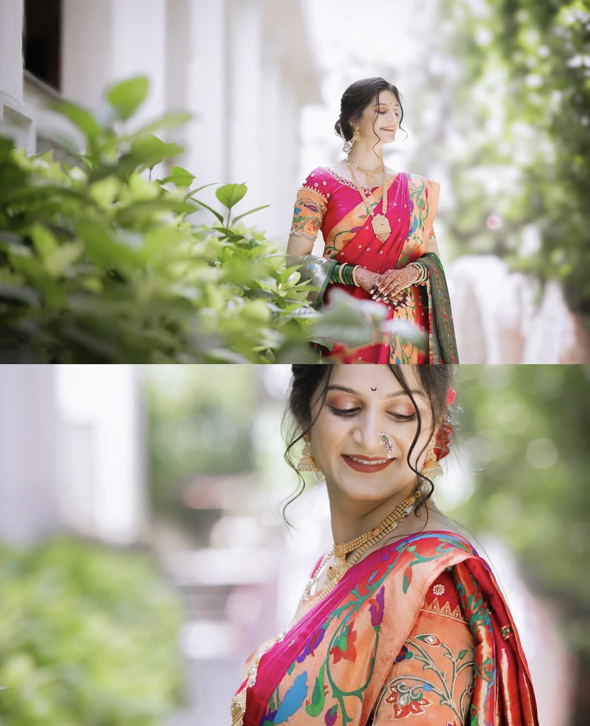 Candid bride in vibrant saree outdoors natural lighting